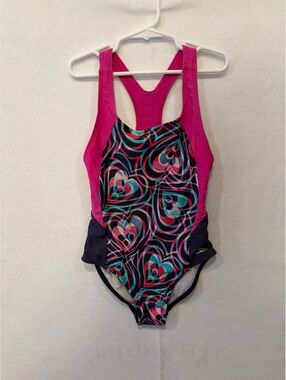 Speedo Girls Size 8 One Piece Swimsuit Pink Navy Aqua Heart Racerback